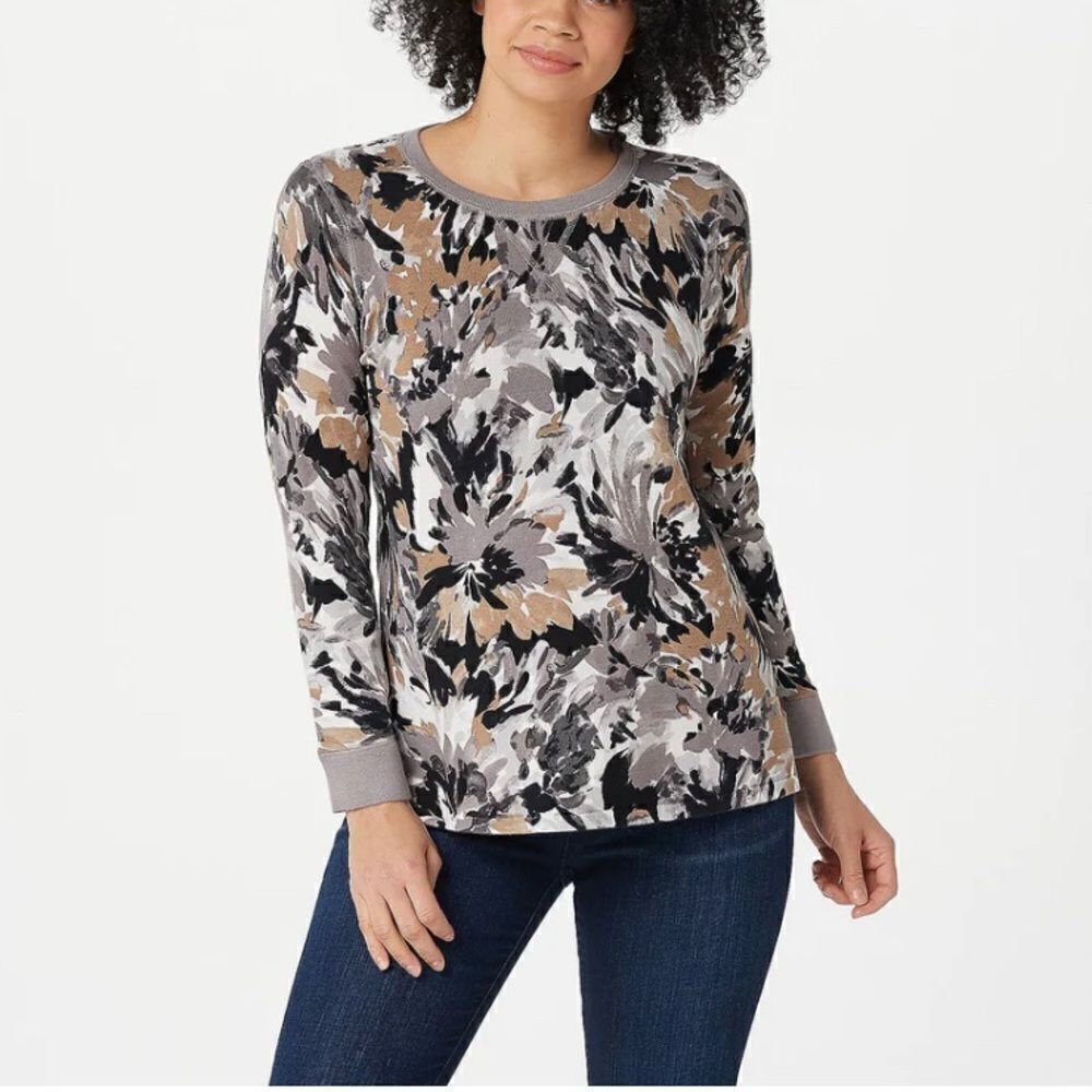 Isaac Mizrahi Floral Top Boat Neck Sleeves Cuff